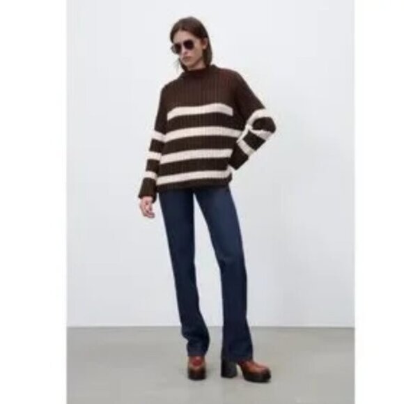 NEW Zara Sweater Women's XS Brown and Cream Striped Bulky Pullover - Picture 1 of 7